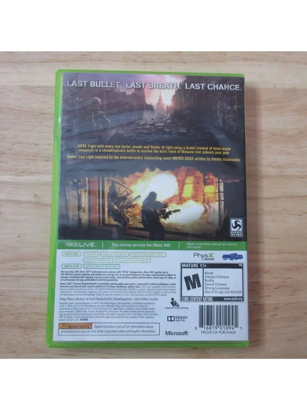 Metro: Last Light (Microsoft Xbox 360, 2013) No Manual